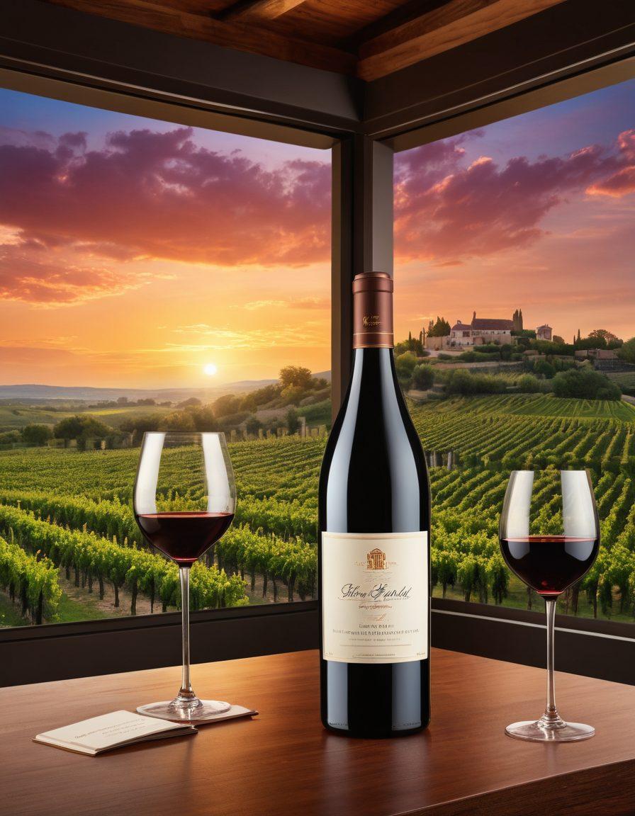 A sophisticated wine cellar showcasing a variety of premium wine bottles, with elegant labels and exquisite packaging. Include a backdrop of lush vineyards under a sunset sky, symbolizing innovation in the wine industry. Incorporate elements of marketing, like a stylish brochure and a smartphone displaying a luxurious brand website. Capture an air of opulence and refinement. super-realistic. vibrant colors. elegant composition.