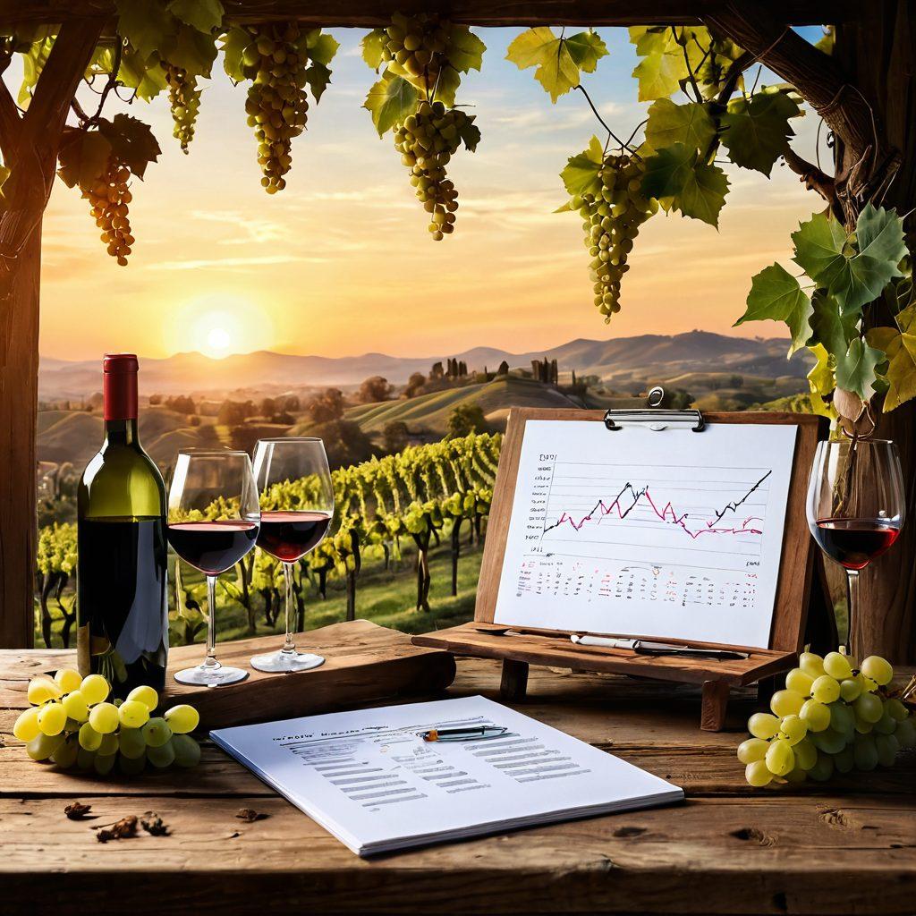 A captivating vineyard landscape at sunrise with lush grapevines, showcasing various bottles of wine and glasses elegantly placed on a rustic wooden table. Incorporate a subtle graph chart in the background illustrating market trends. Include an aspiring entrepreneur taking notes with a notepad, reflecting a blend of nature and entrepreneurship. super-realistic. vibrant colors. 3D.