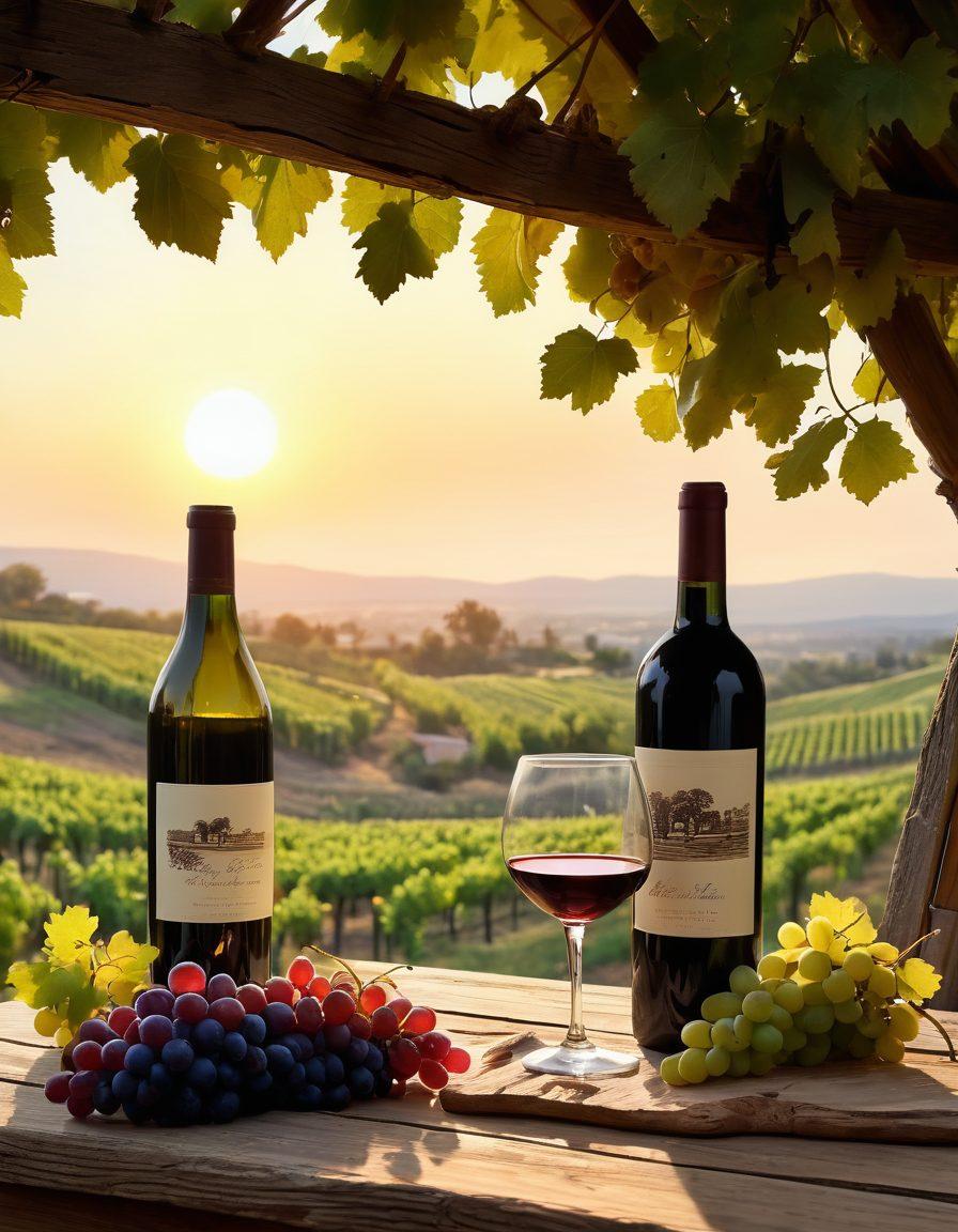 A picturesque vineyard at sunset, showcasing lush grapevines heavy with ripe grapes, alongside a rustic wooden table set with wine glasses and a bottle, inviting a sense of celebration. In the background, a silhouette of a winemaker inspecting the grapes, symbolizing diligence and passion. Soft, warm lighting enhances the inviting atmosphere. watercolor style. vibrant colors.